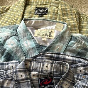 Roper Men's Casual Plaid Shirts - Yellow, Green, Blue. Three shirt bundle.